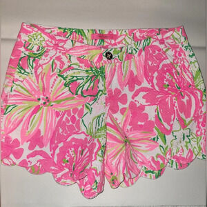 Lilly Pulitzer Buttercup Shorts Neon Pink Green Tropical Floral Scalloped Size 6